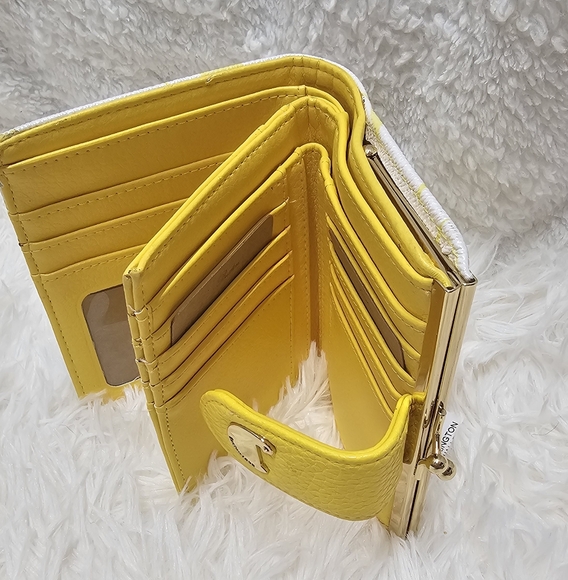 Tri-Fold Wallet BUXTON Yellow & White RFID Coin Purse Pebble Leather Floral - Picture 8 of 12
